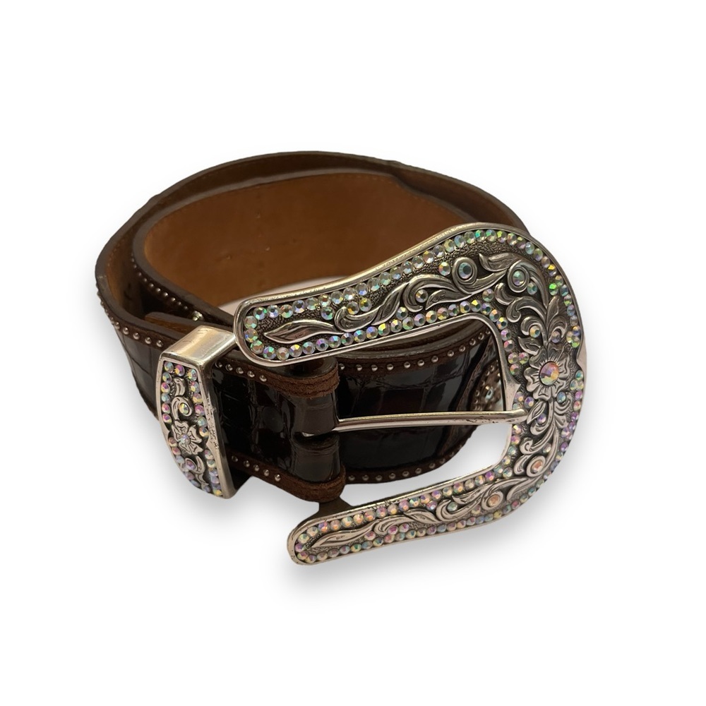 Brighton Rhinestone Detailed Croc Embossed Leather Belt